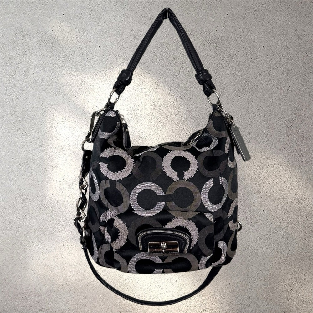 Coach 15354 Kristin Embroidered OP Art Jacquard Hobo Bag Gray Silver